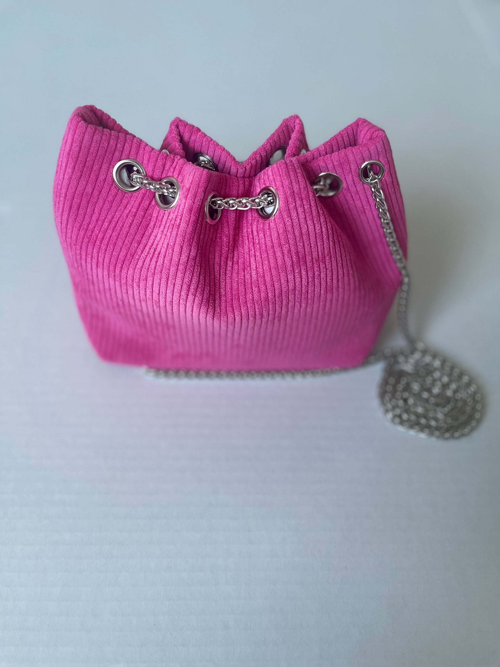 Mini Neon Pink Faux Pearl Decor Drawstring Design Chain Bucket Bag